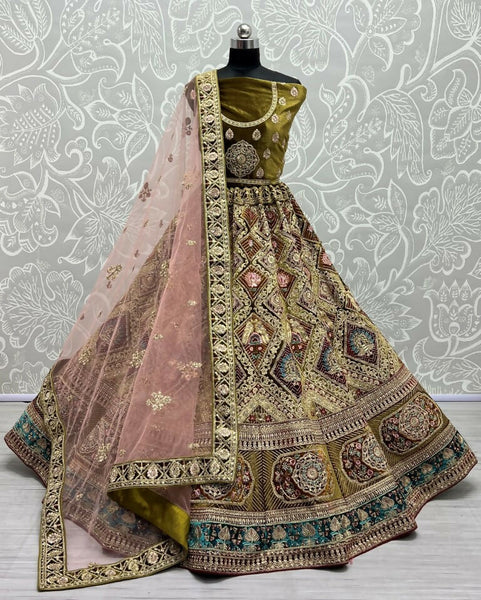 Jyoti Fashion Women's Mehendi Velvet Dori, Multi Thread Embroidered with Zircon Diamond Work Wedding Lehenga Choli - Distacart