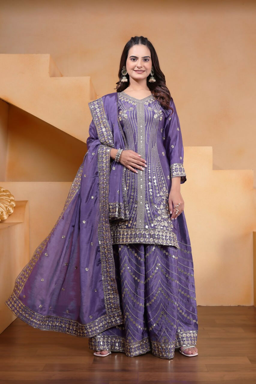 Teeya Creation Lavender Color Chinon Silk Wedding Wear Trending Palazzo Set - Distacart