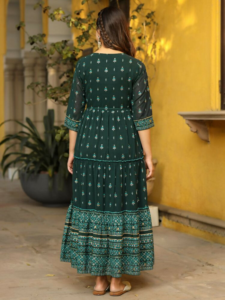 Juniper Green Ethnic Motif Printed Georgette Maxi Dress & Dori With Thread Work - Distacart
