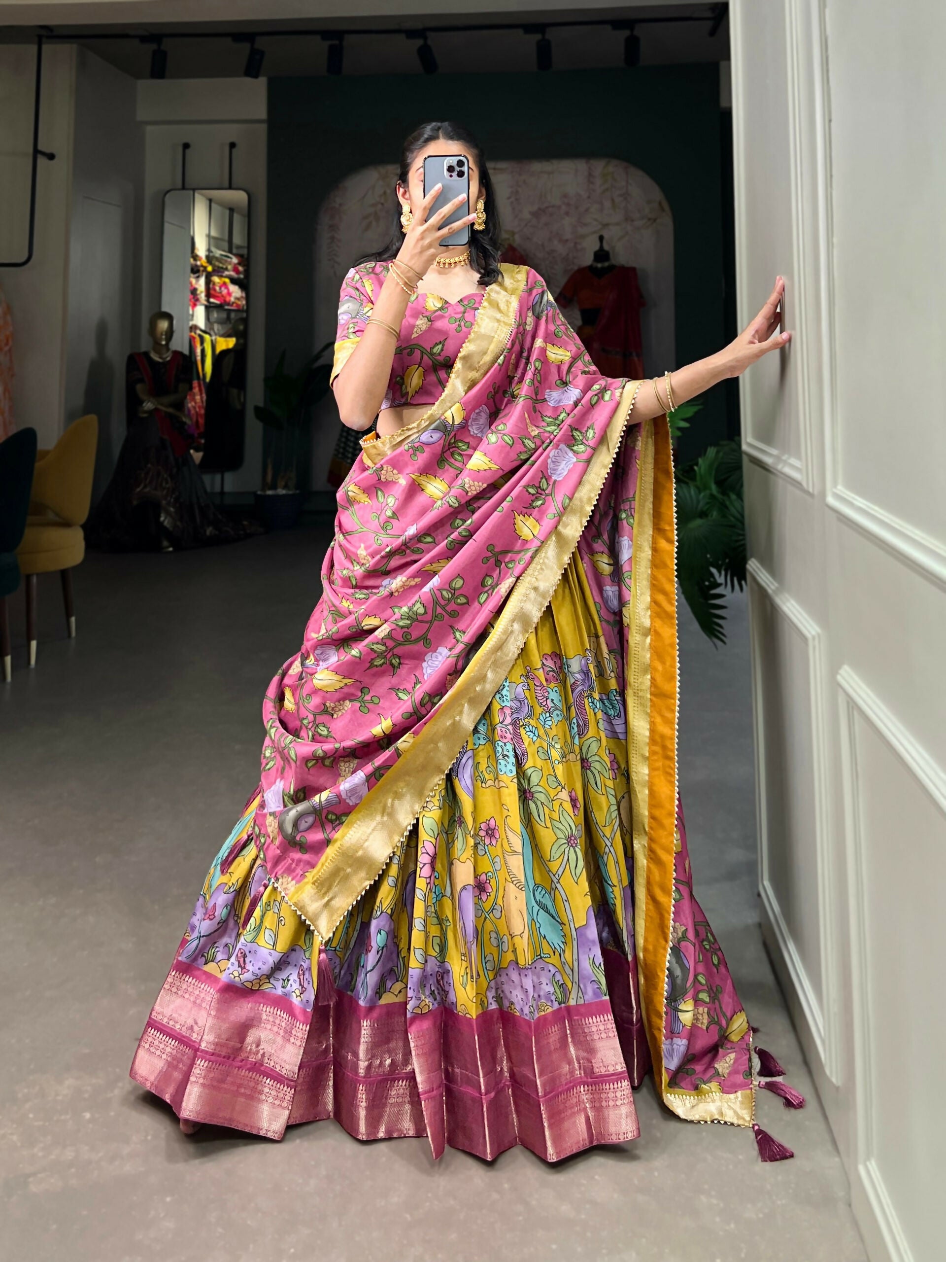 Vastranavya Kalamkari Printed Dola Silk Lehenga Choli - Mustard - Distacart