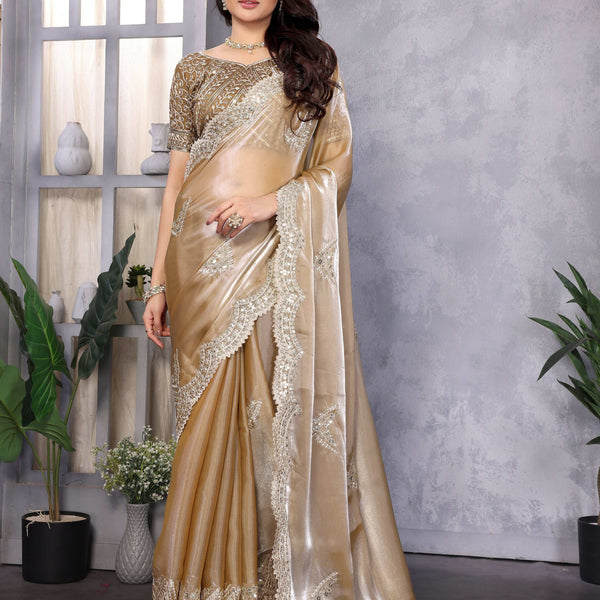 Vastranavya Beige Embroidery Work Shimmer Chiffon Saree with Unstitched Blouse
