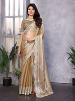 Thumbnail for Vastranavya Beige Embroidery Work Shimmer Chiffon Saree with Unstitched Blouse