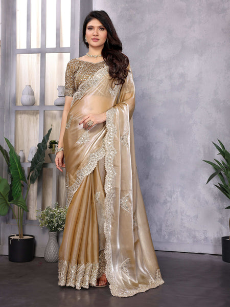 Vastranavya Beige Embroidery Work Shimmer Chiffon Saree with Unstitched Blouse