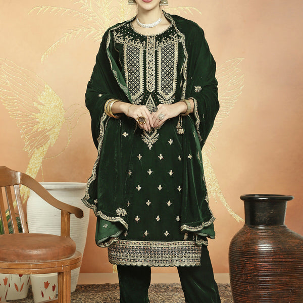 Jyoti Fashion Women's Green Velvet Cording with Resham Thread & Sequin Kurta with Trouser & Dupatta - Distacart