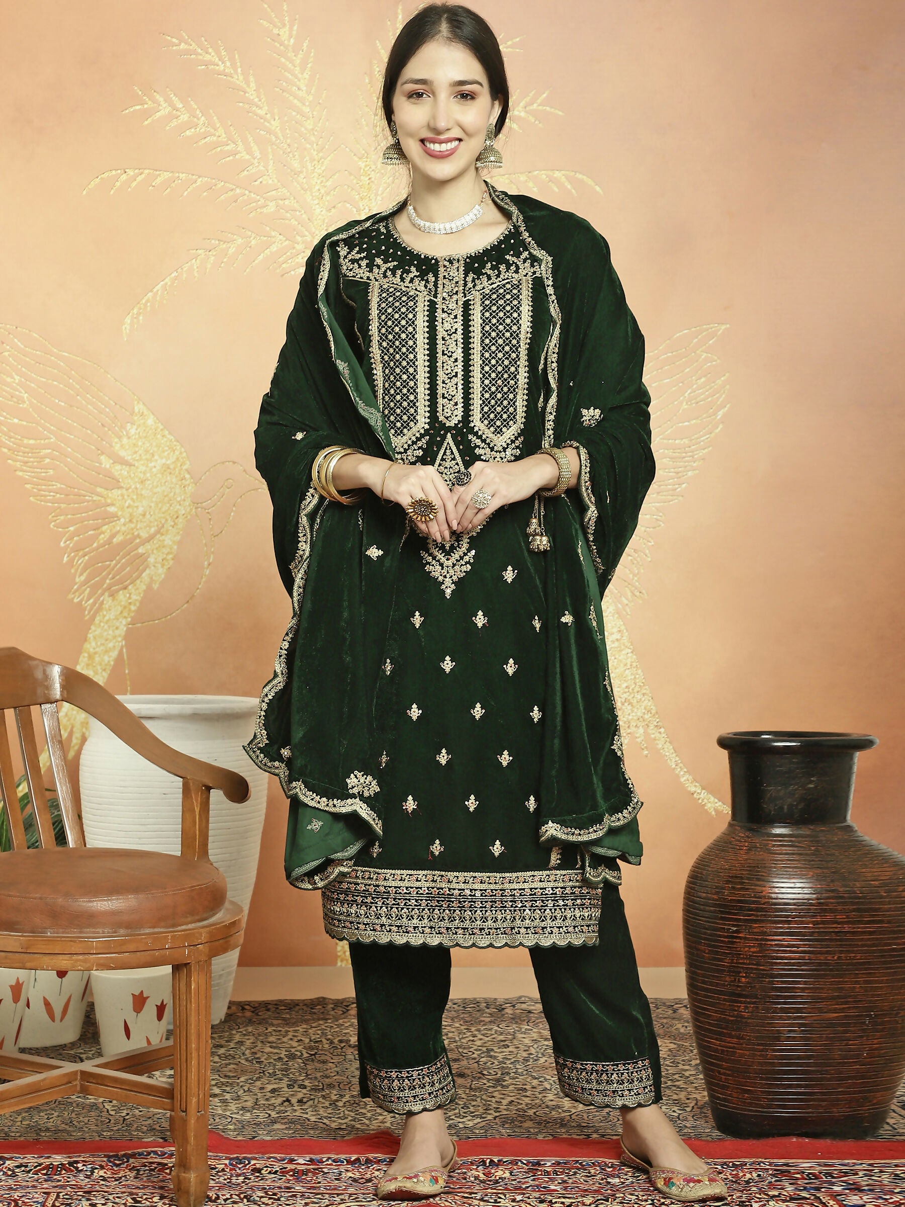 Jyoti Fashion Women's Green Velvet Cording with Resham Thread & Sequin Kurta with Trouser & Dupatta - Distacart