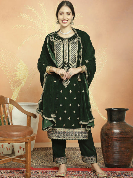 Jyoti Fashion Women's Green Velvet Cording with Resham Thread & Sequin Kurta with Trouser & Dupatta - Distacart