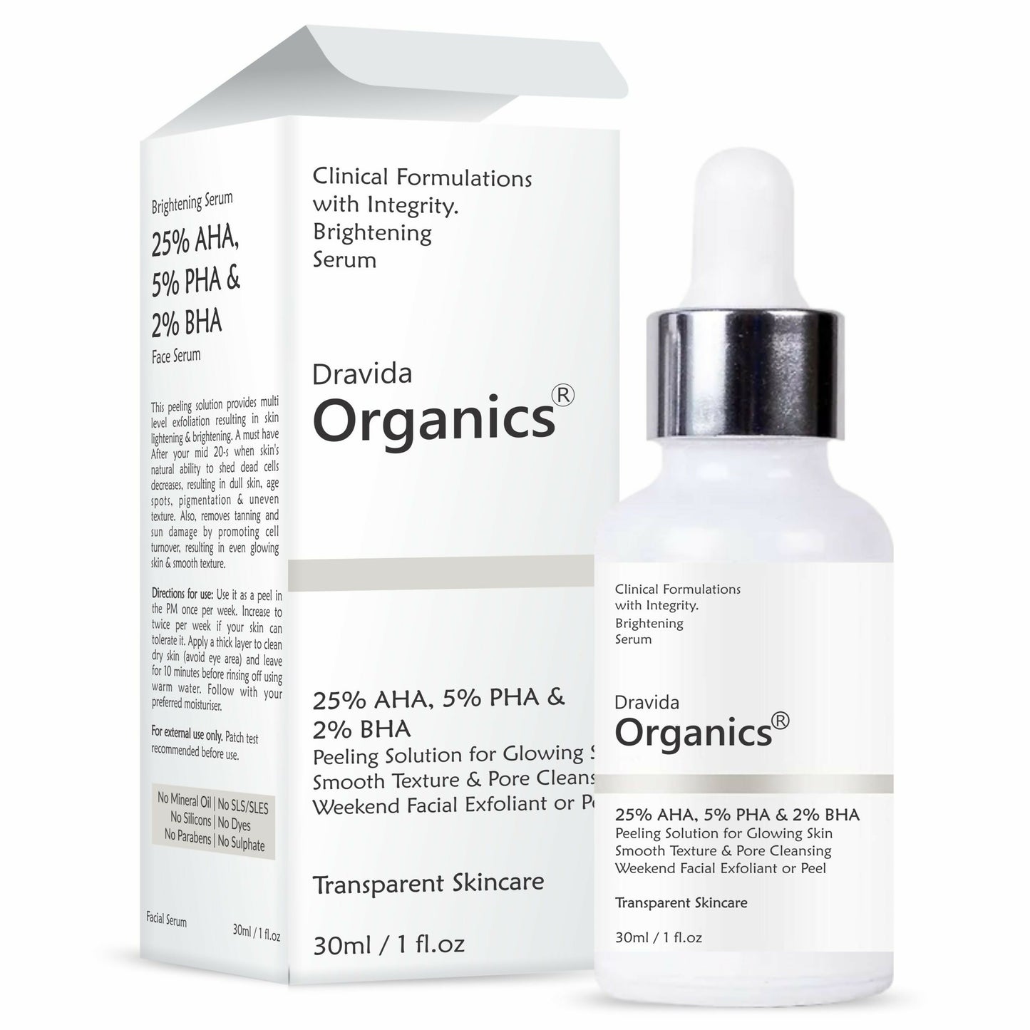 Dravida Organics AHA 25% + BHA 2% + PHA 5% Peeling Solution for Face - Dista
