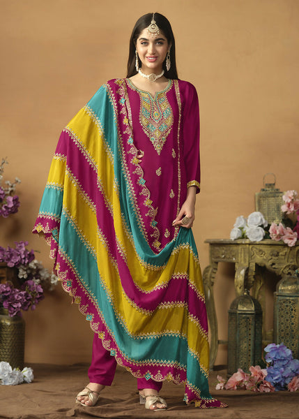 Chinnon Silk Pink Salwar Suit with Multicolor Dupatta - Emponline - Distacart
