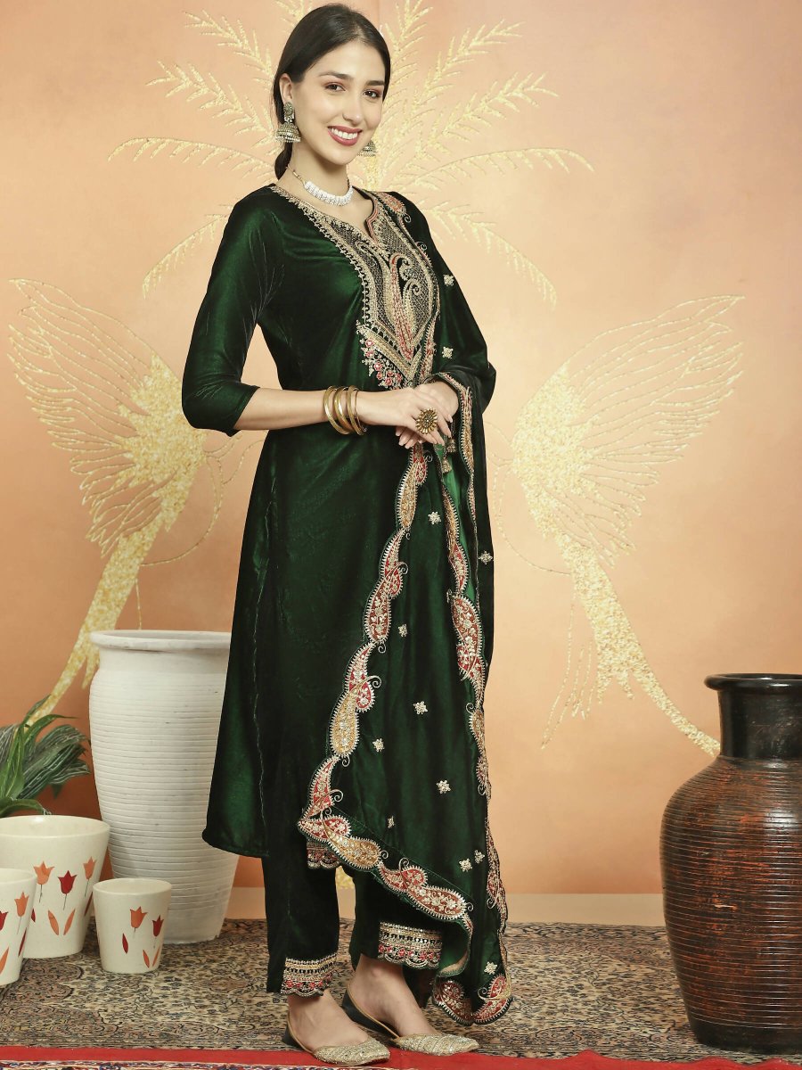 Aastha Fashion Women's Green Velvet Cording with Resham Thread & Sequin Kurta with Trouser & Dupatta - Distacart