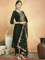 Thumbnail for Aastha Fashion Women's Green Velvet Cording with Resham Thread & Sequin Kurta with Trouser & Dupatta - Distacart