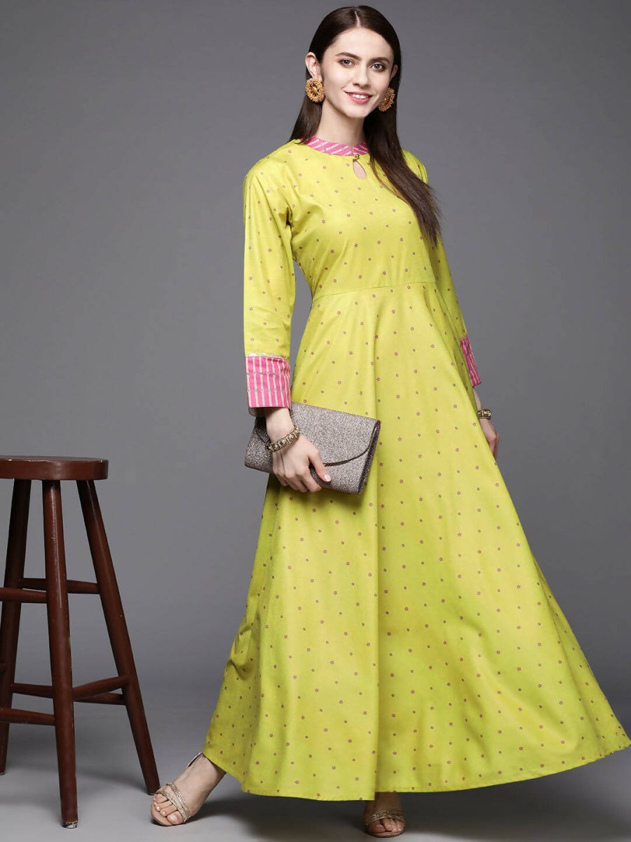 Ahalyaa Women Lime Yellow & Pink Printed Pleated A-Line Maxi Ethnic Dress - Distacart