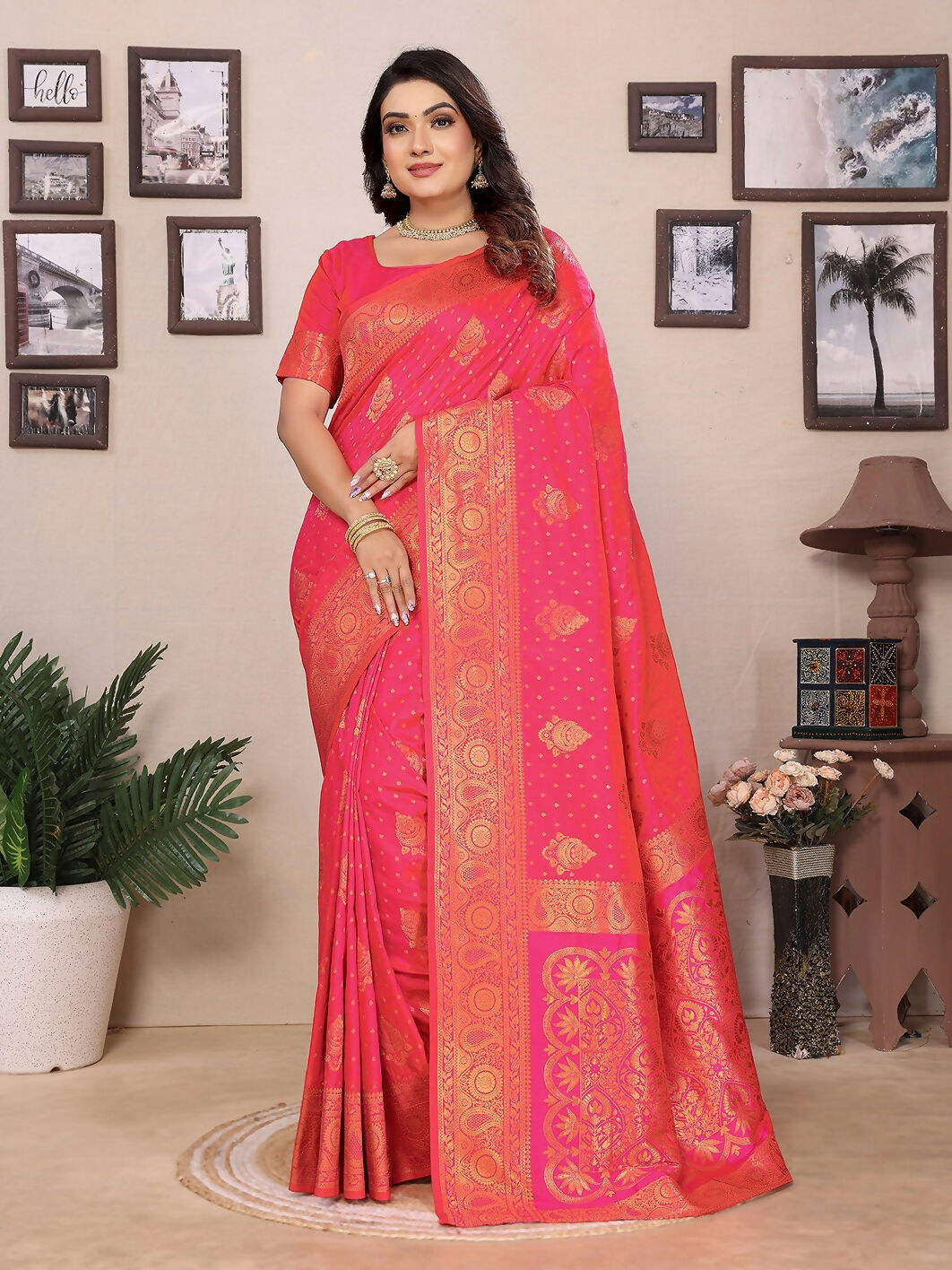 Joban Fashion Banarasi Pink Woven Soft Silk Saree