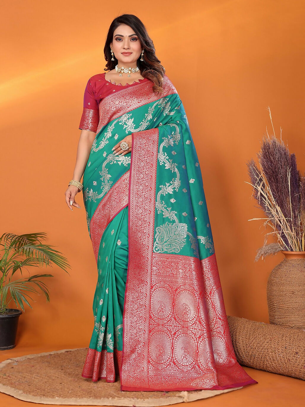 Joban Fashion Banarasi Pine Green Woven Soft Silk Saree