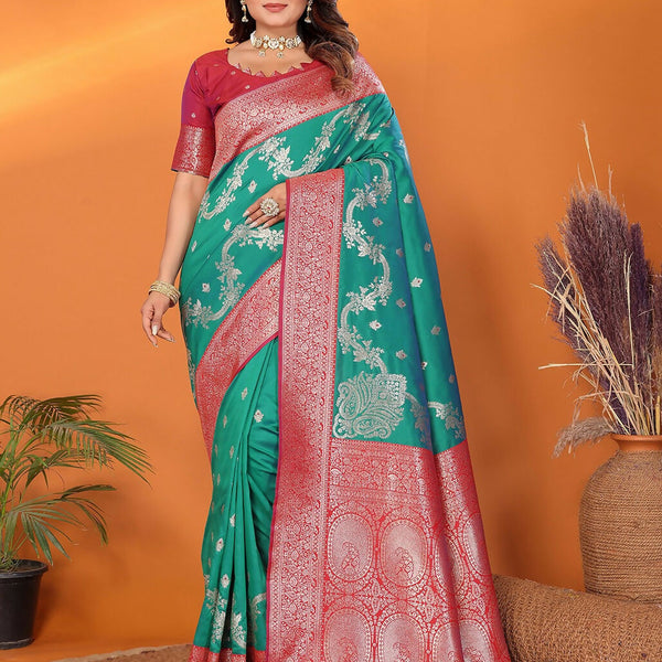 Joban Fashion Banarasi Pine Green Woven Soft Silk Saree