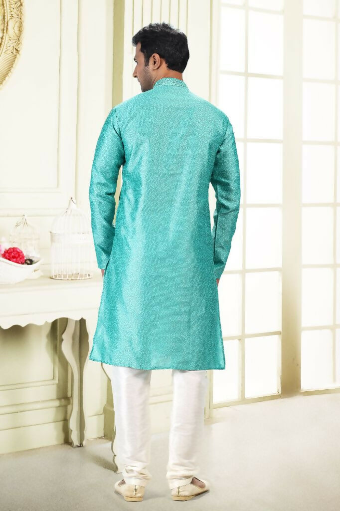 Raivat Ethnic Jacquard Banarasi Silk Thread Work Kurta Pajama In Teal Green Colour - Distacart