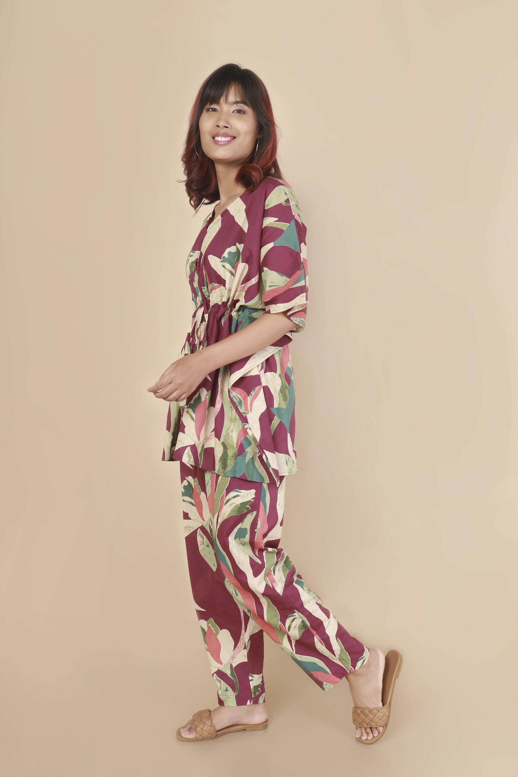 Breathables Women’S Loungewear Kaftan Cotton Wine Abstract Print Co-Ord Set - Dista