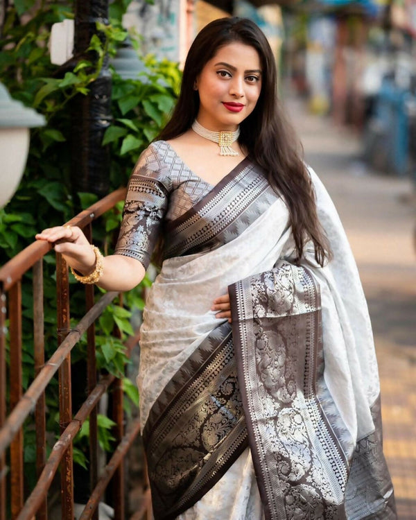 Preksha Creation Designer Women Banarasi Soft Silk Saree - White - Distacart
