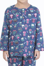 Thumbnail for Breathables Kids Cotton Owl Print Co-Ord Night Suit – Navy Blue - Dista