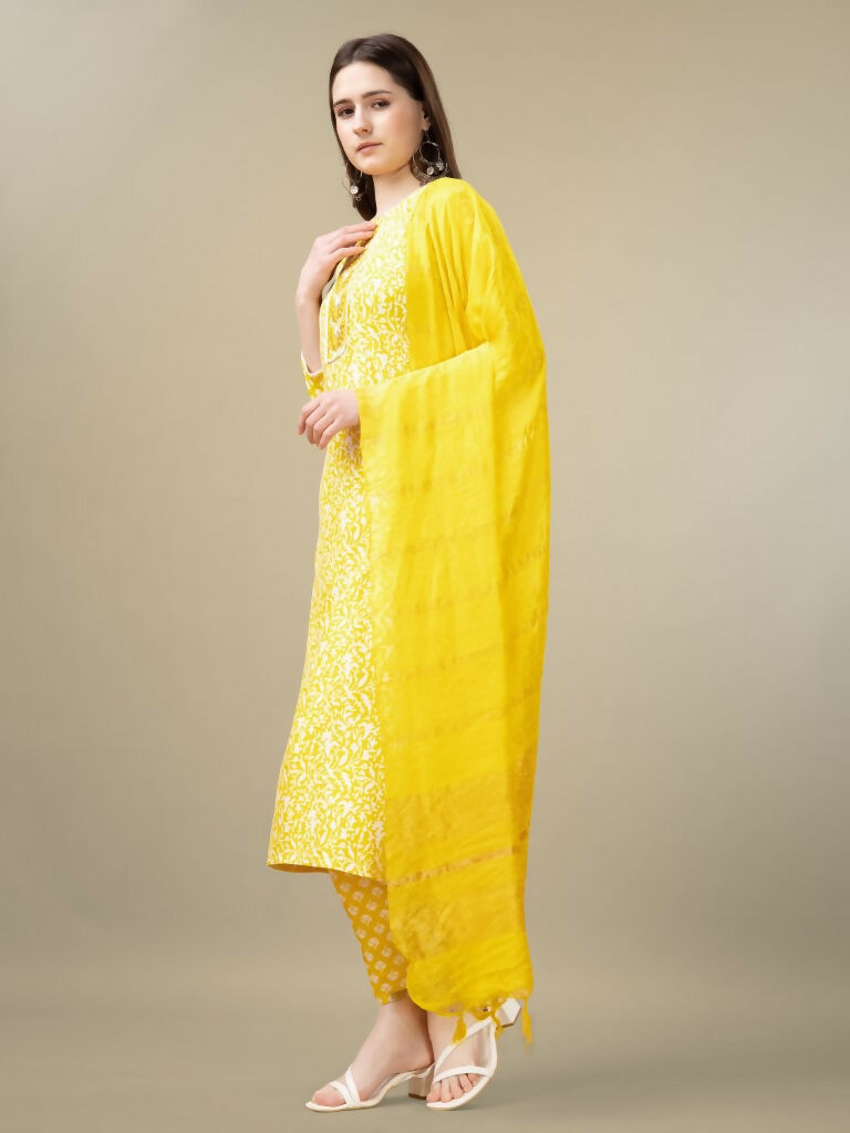 Jyoti Fashion Women's Yellow Rayon Embroidery & Sequence work Kurta with Trouser & Dupatta - Distacart