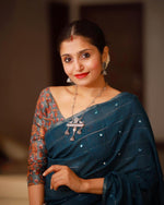 Thumbnail for Blue Pure Linen Ethnic Motifs Saree with Unstitched Blouse - A2M
