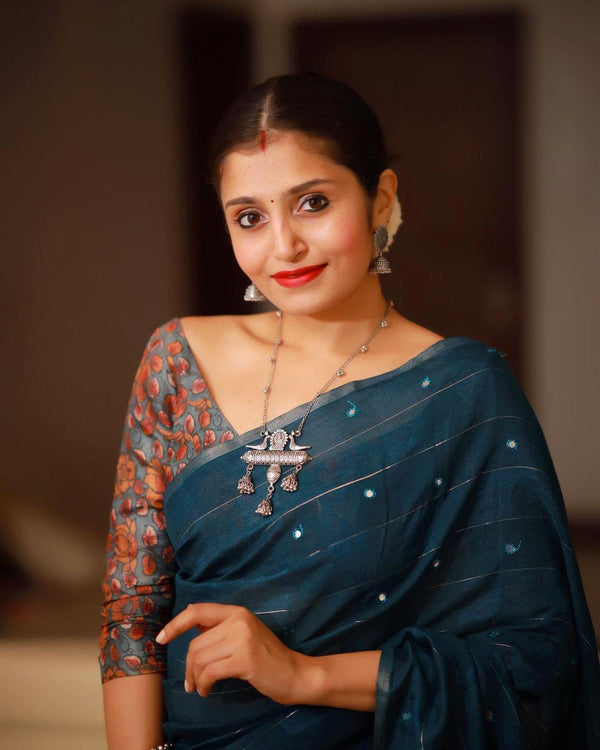 Blue Pure Linen Ethnic Motifs Saree with Unstitched Blouse - Hiral Fashion - Distacart