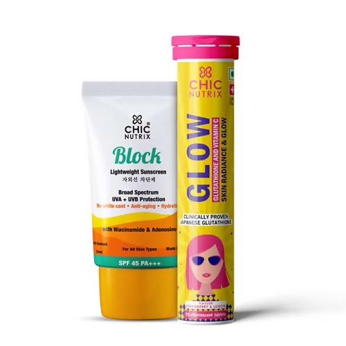 Chicnutrix Korean Skin Glow Protection Routine Combo - Chicnutrix Glow + Block Lightweight Sunscreen SPF 45 PA+++ - Distacart