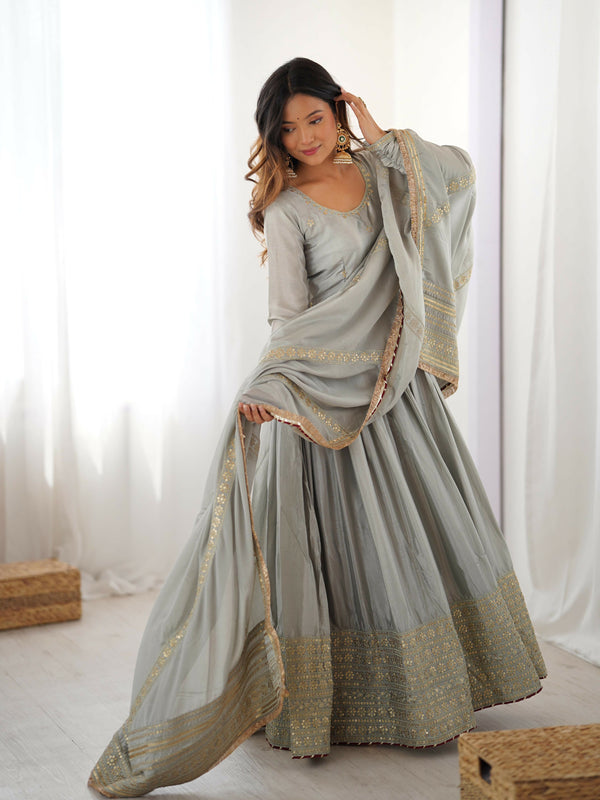 Joban Fashion grey Kurta set with Pant Chinon silk Thread with Sequins work