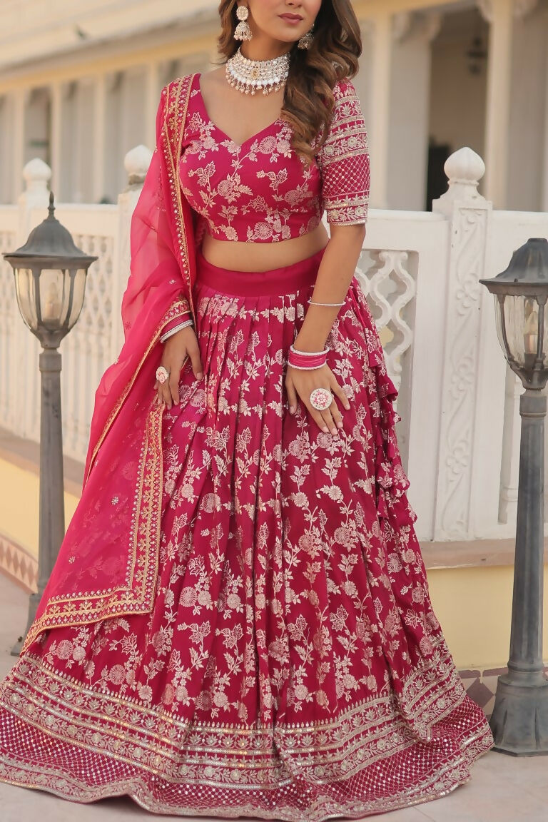 Vastranavya Designer Dyeable Pure Viscose Jacquard Fabric Lehenga Choli & Dupatta Set - Pink - Distacart
