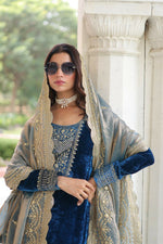 Thumbnail for Vastranavya Morpeach Velvet With Rich Sequins & Zari Embroidered Work Top-Bottom With Dupatta - Distacart