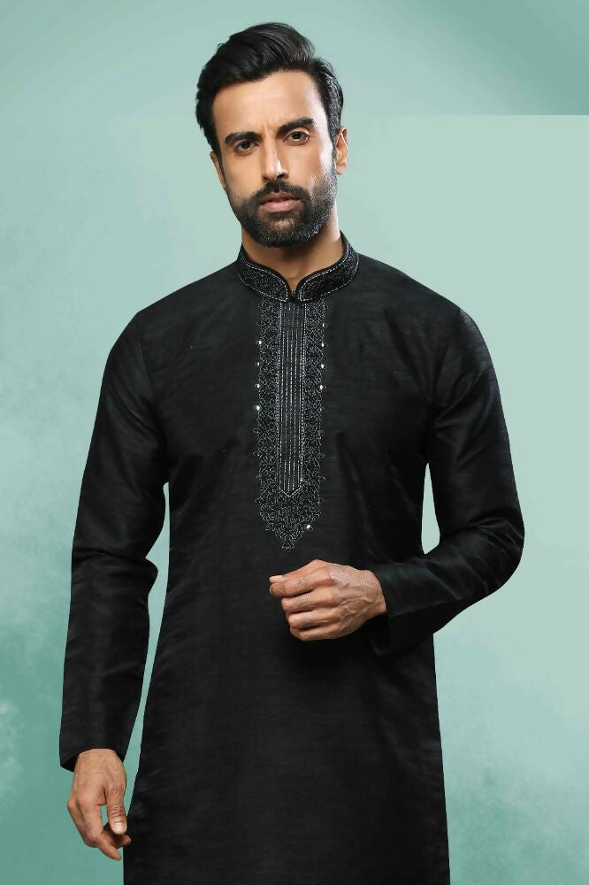 Raivat Ethnic Art Silk Mirror Embroidery Work Kurta Pajama In Black Colour - Dista