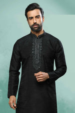 Thumbnail for Raivat Ethnic Art Silk Mirror Embroidery Work Kurta Pajama In Black Colour - Dista
