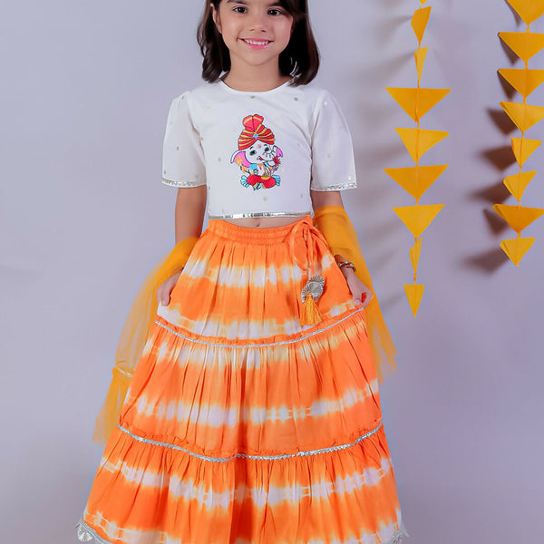 Lil Drama Janmashtami Girls Orange Lehanga and White Choli with Dupatta Ethnic Set - Distacart