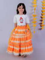 Thumbnail for Lil Drama Janmashtami Girls Orange Lehanga and White Choli with Dupatta Ethnic Set - Distacart