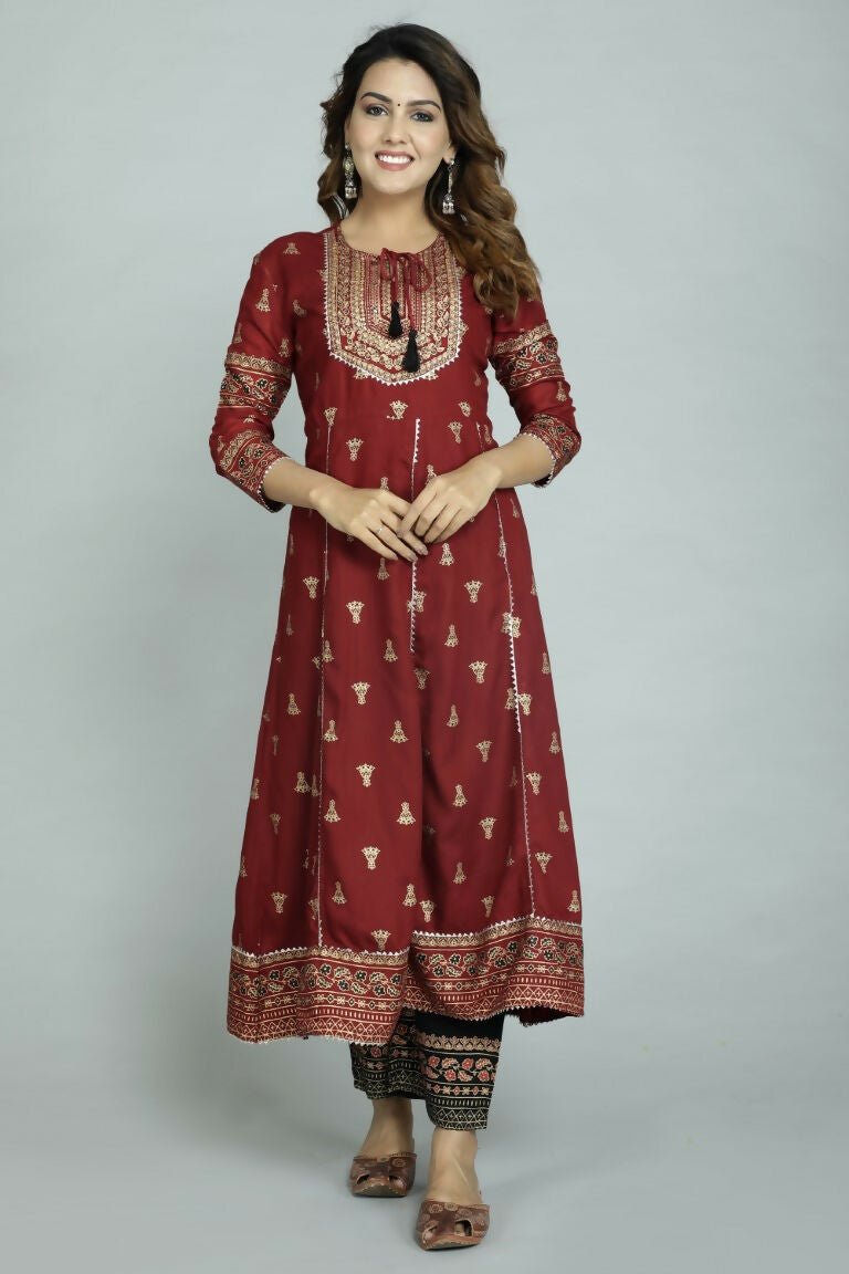 Alvano Women's Stylish Anarkali Kurti with Pant and Dupatta for Women and Girls (Maroon) - Distacart