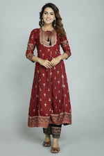 Thumbnail for Alvano Women's Stylish Anarkali Kurti with Pant and Dupatta for Women and Girls (Maroon) - Distacart