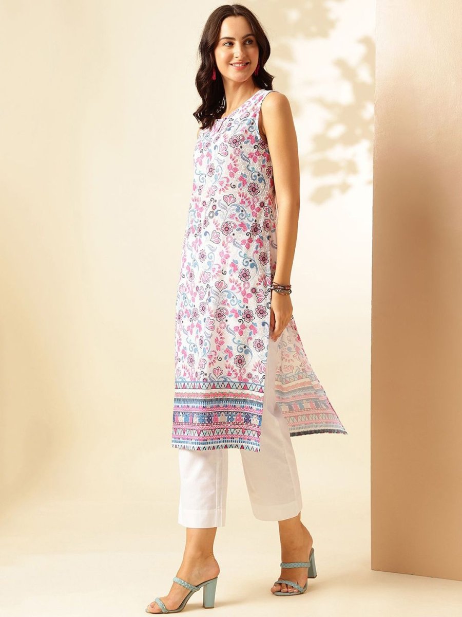 Anouk Floral Printed Keyhole Neck Pure Cotton Straight Kurta - Distacart
