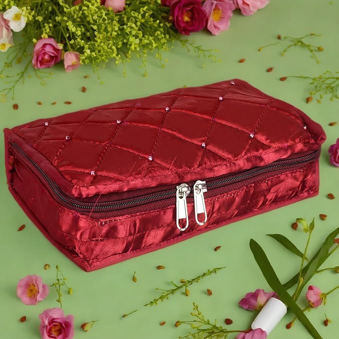 Asmaani 7 Pocket Maroon Satin Jewellery Kit