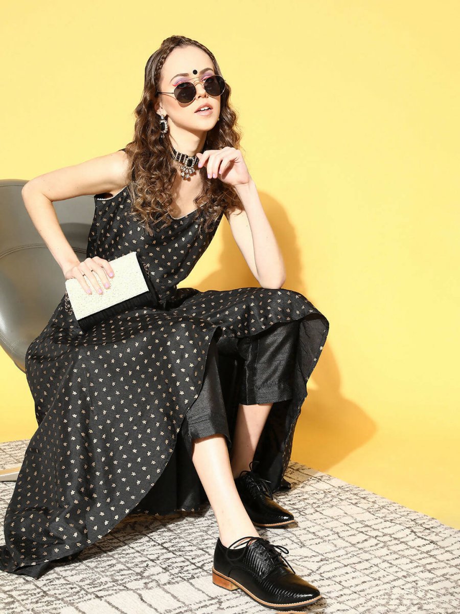 Ahalyaa Women Black Colour Poly Silk Gold Printed Kurta Pant Set - Distacart