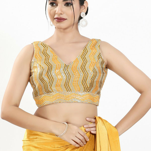 Joban Fashion Yellow Multi Silk Padded Blouse With V Neck Sleeveless - Distacart