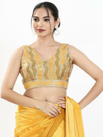 Thumbnail for Joban Fashion Yellow Multi Silk Padded Blouse With V Neck Sleeveless - Distacart