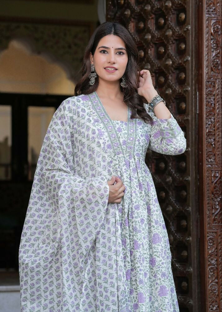 Jaimini Women Cotton Printed V-Neck 3/4 Sleeves Calf Length Flared Kurta Pant And Dupatta Set - Dista