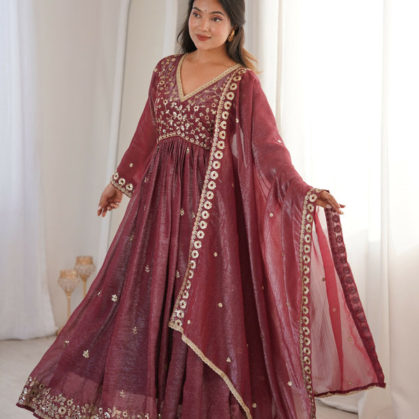 Teeya Creation Brown Crunchy Silk Wedding Wear Embroidery Work Design Gown - Distacart