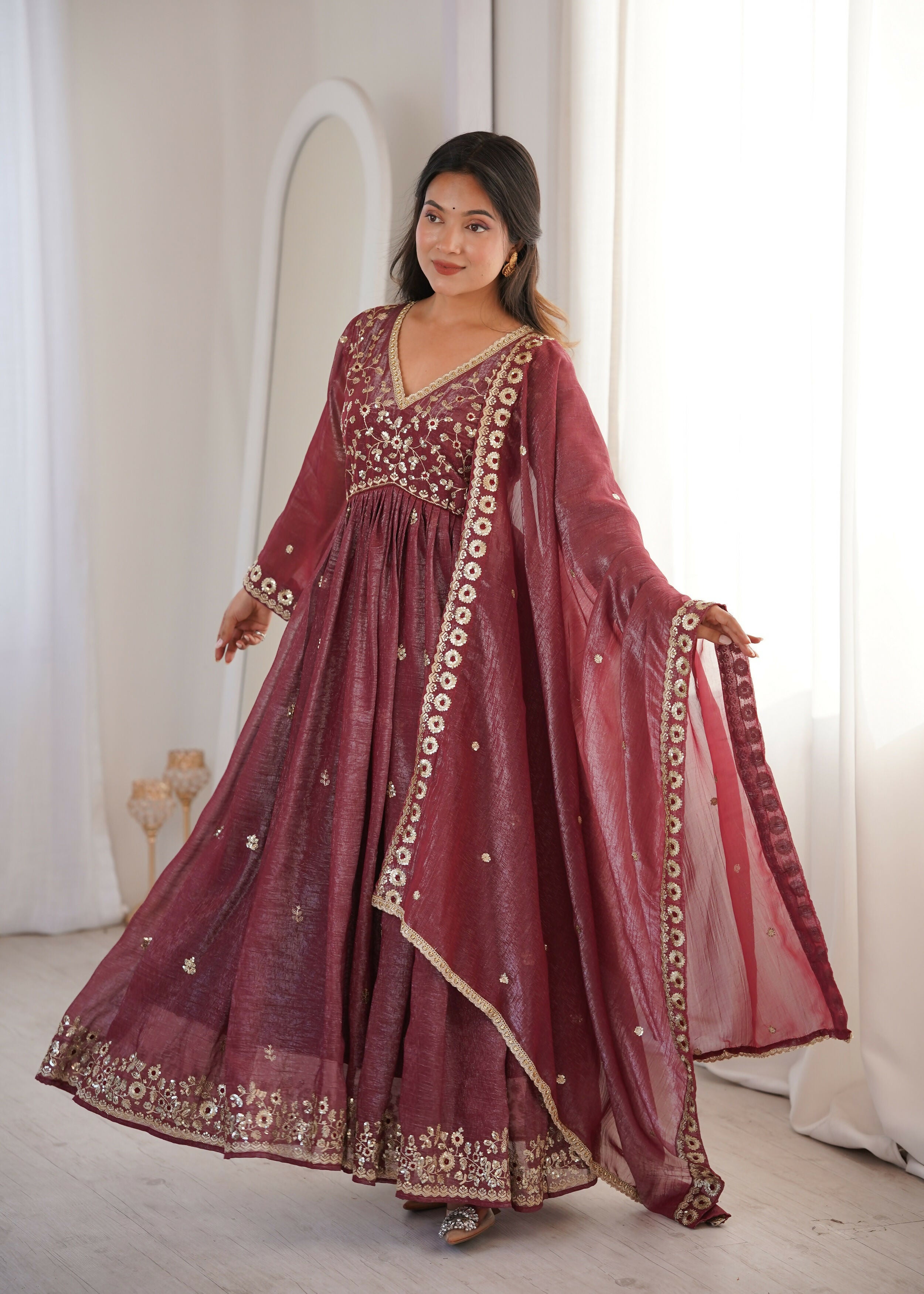 Teeya Creation Brown Crunchy Silk Wedding Wear Embroidery Work Design Gown - Distacart