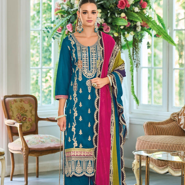 Anaita Teal Premium Embroidered Chinon Stitched Salwar Suit - Distacart
