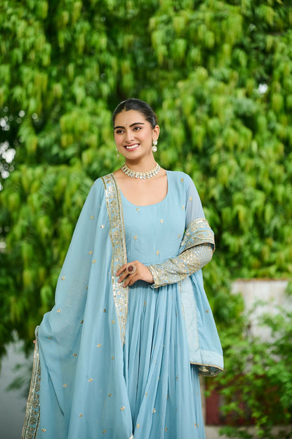 Joban Fashion Sky Blue Georgette Sequence Embroidery Work Kurta Set - Distacart