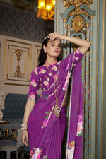 Thumbnail for Vastranavya Purple Spectacular Georgette Printed with Pearl Lace Saree with Unstitched Blouse - Distacart