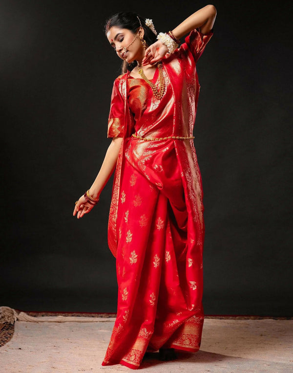 Joban Fashion Silk Banarasi Red & Golden Color Saree
