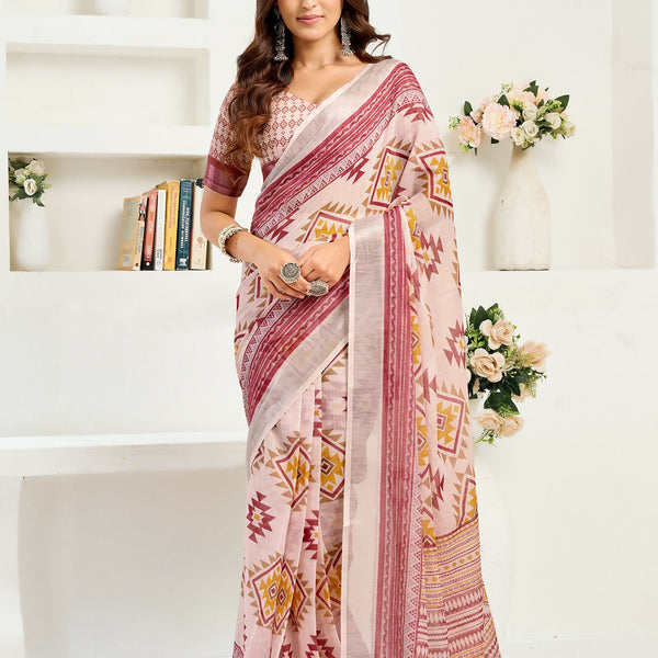Vastranavya White Maroon Digital Printed Linen Ready To Wear Designer Saree with Unstitched Blouse - Distacart