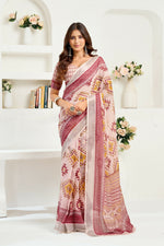 Thumbnail for Vastranavya White Maroon Digital Printed Linen Ready To Wear Designer Saree with Unstitched Blouse - Distacart