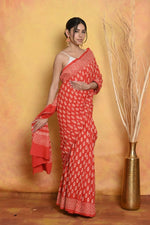 Thumbnail for Very Much Indian Handblock Printed Cotton Saree With Natural Dyes - Orange - Distacart